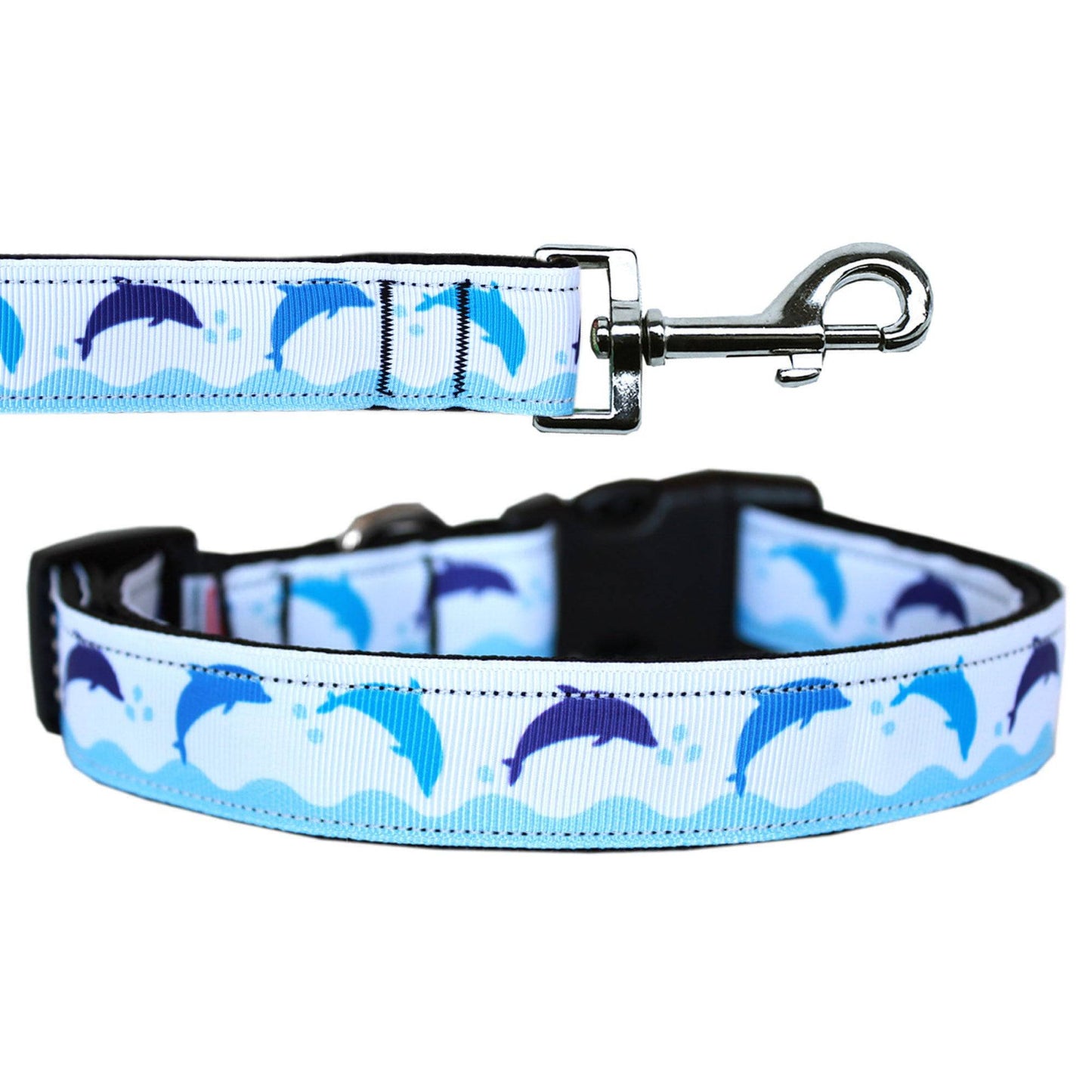 Pet Dog & Cat Nylon Collar or Leash, "Blue Dolphins" - DOGGO'S KING
