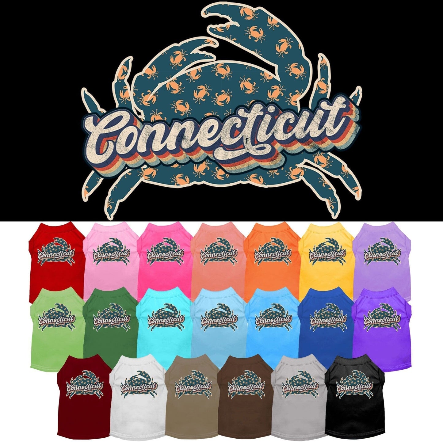 Pet Dog & Cat Screen Printed Shirt for Small to Medium Pets (Sizes XS-XL), "Connecticut Retro Crabs"