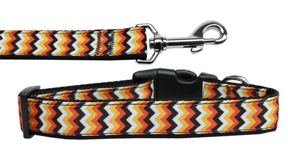 Halloween Pet Dog & Cat Nylon Collar or Leash, "Pumpkin Chevrons" - DOGGO'S KING