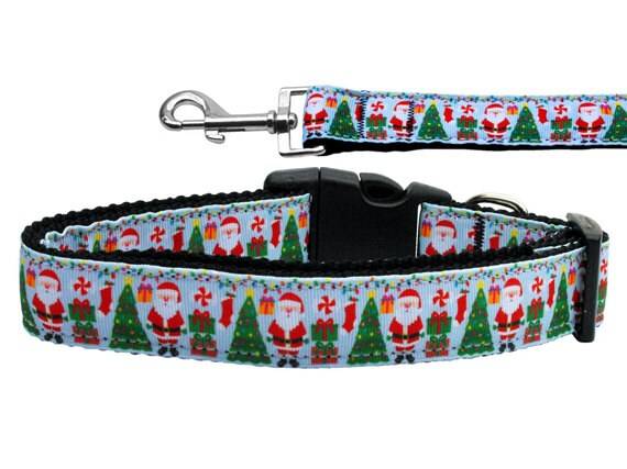 Christmas Pet Dog & Cat Nylon Collar or Leash, "Aqua Santa" - DOGGO'S KING