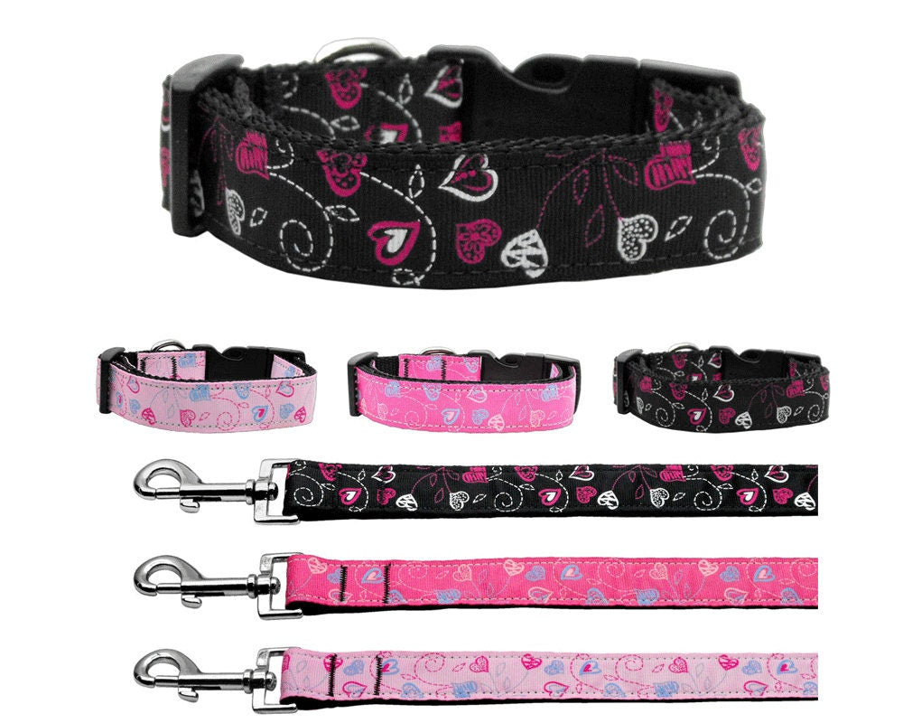 Pet Dog & Cat Nylon Collar or Leash, "Crazy Hearts" - DOGGO'S KING