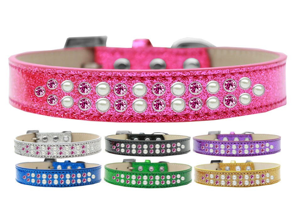Dog, Puppy & Pet Ice Cream Collar, "Two Row Pearl and Bright Pink Crystal Rimsets"