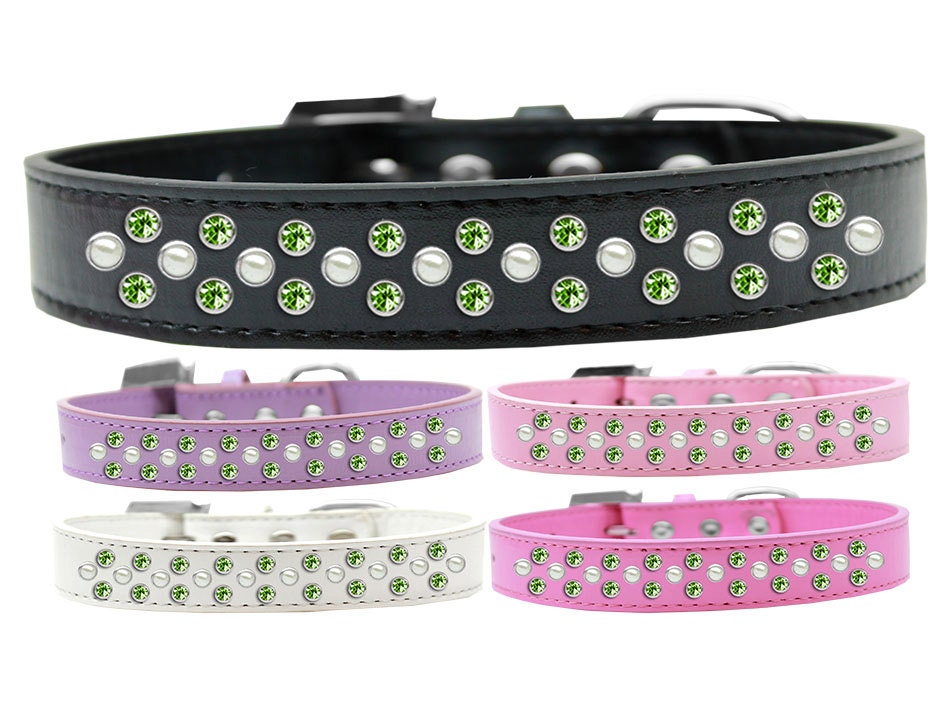 Dog, Puppy & Pet Fashion Collar, "Pearl and Lime Green Crystal Rimsets Sprinkles"