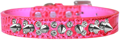 Dog, Puppy and Pet Designer Croc Collar, "Double Crystal & Silver Spikes" - DOGGO'S KING