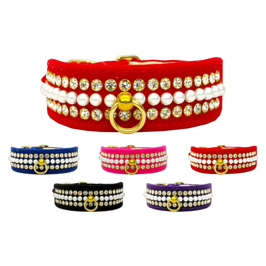 Dog, Puppy and Pet Collar, "Velvet Mini Pearl & Crystal" - DOGGO'S KING