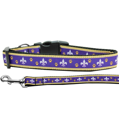 Pet Dog and Cat Nylon Collar or Leash, "Purple & Yellow Fleur De Lis" - DOGGO'S KING
