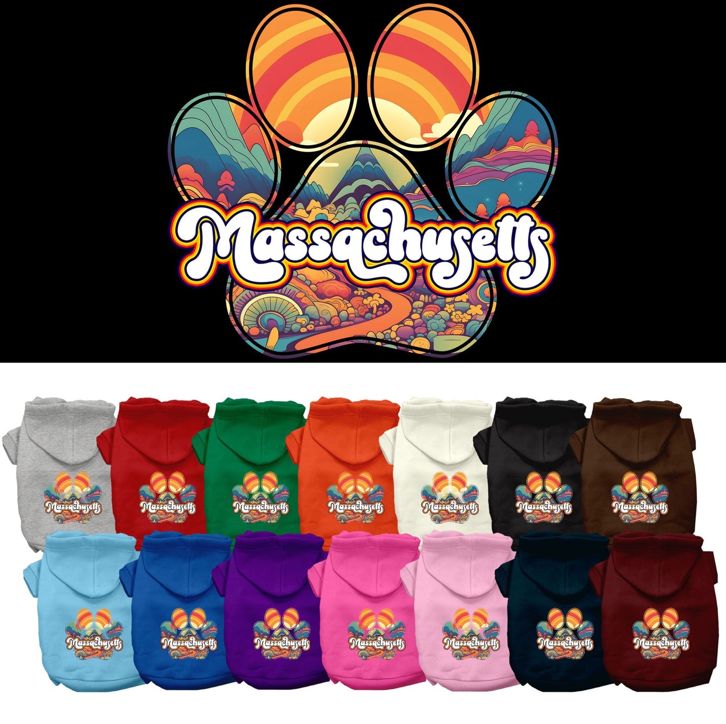 Pet Dog & Cat Screen Printed Hoodie for Small to Medium Pets (Sizes XS-XL), "Massachusetts Groovy Summit"