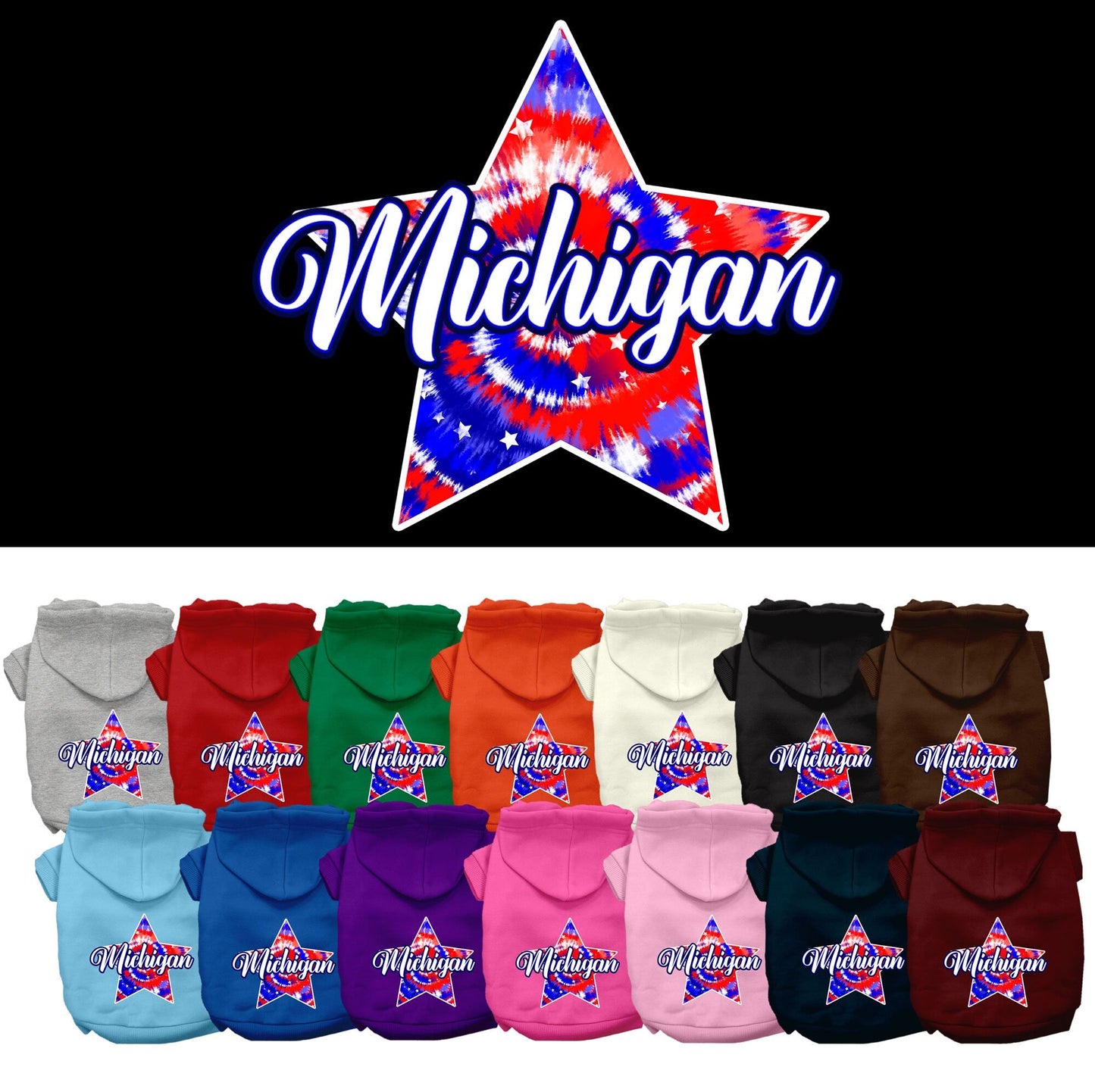 Pet Dog & Cat Screen Printed Hoodie for Small to Medium Pets (Sizes XS-XL), "Michigan Patriotic Tie Dye"